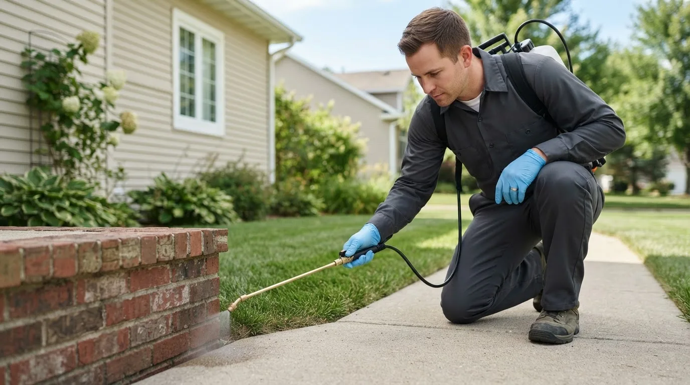 Pest control technician treating a home near Pettibone, ND