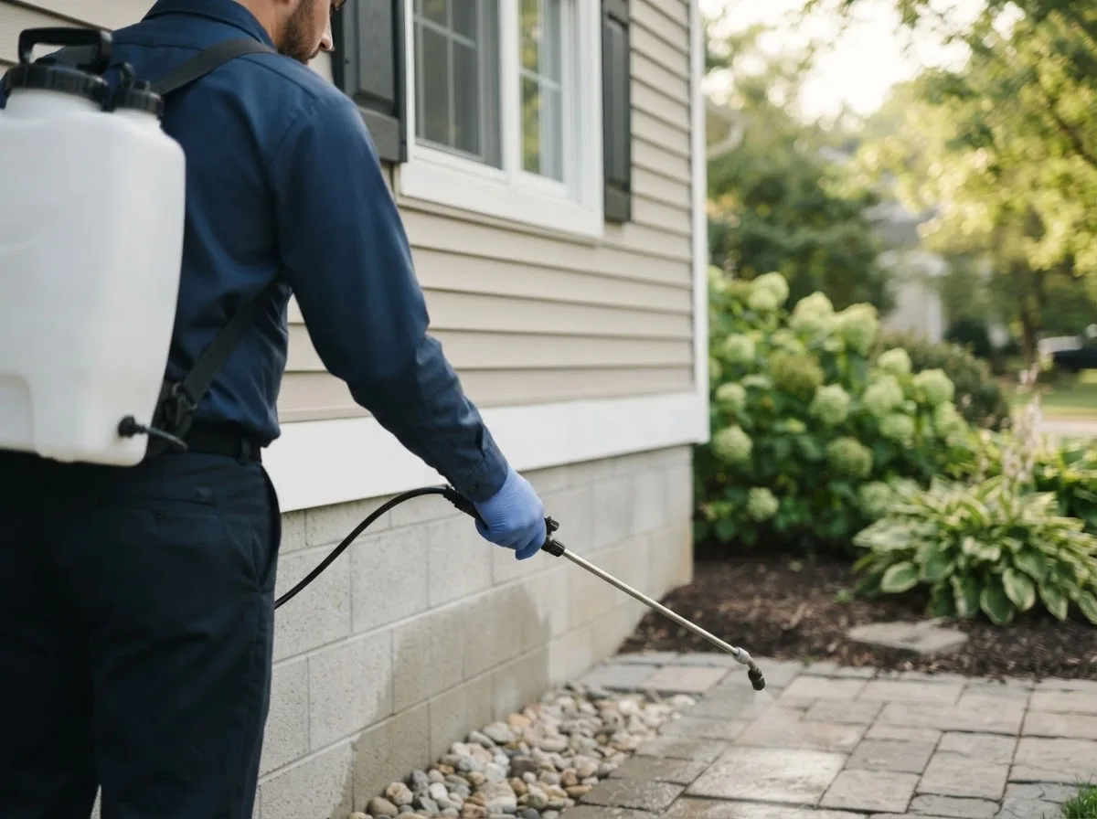 Pest control technician inspecting a home in Pettibone, ND